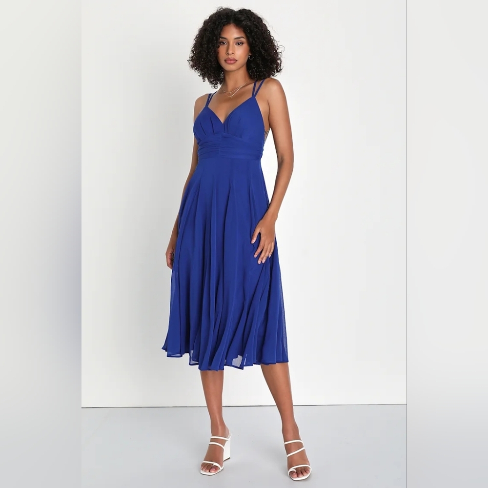 Vivacious Aura Cobalt Blue Chiffon Backless Midi Dress